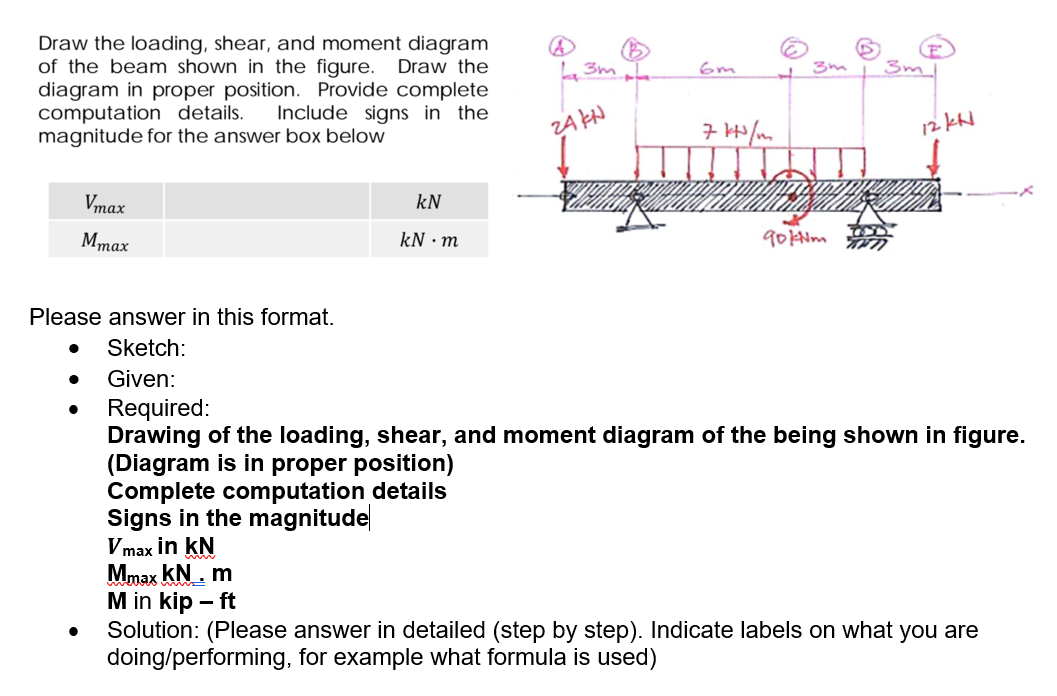 Draw the loading, shear, and moment diagram
of the beam shown in the figure.
diagram in proper position. Provide complete
computation details.
magnitude for the answer box below
Draw the
3m
3m
Include signs in the
12 kh
Vmax
kN
Мтах
kN • m
Please answer in this format.
Sketch:
Given:
Required:
Drawing of the loading, shear, and moment diagram of the being shown in figure.
(Diagram is in proper position)
Complete computation details
Signs in the magnitude
V max in kN
Mmax KN. m
M in kip – ft
Solution: (Please answer in detailed (step by step). Indicate labels on what you are
doing/performing, for example what formula is used)
