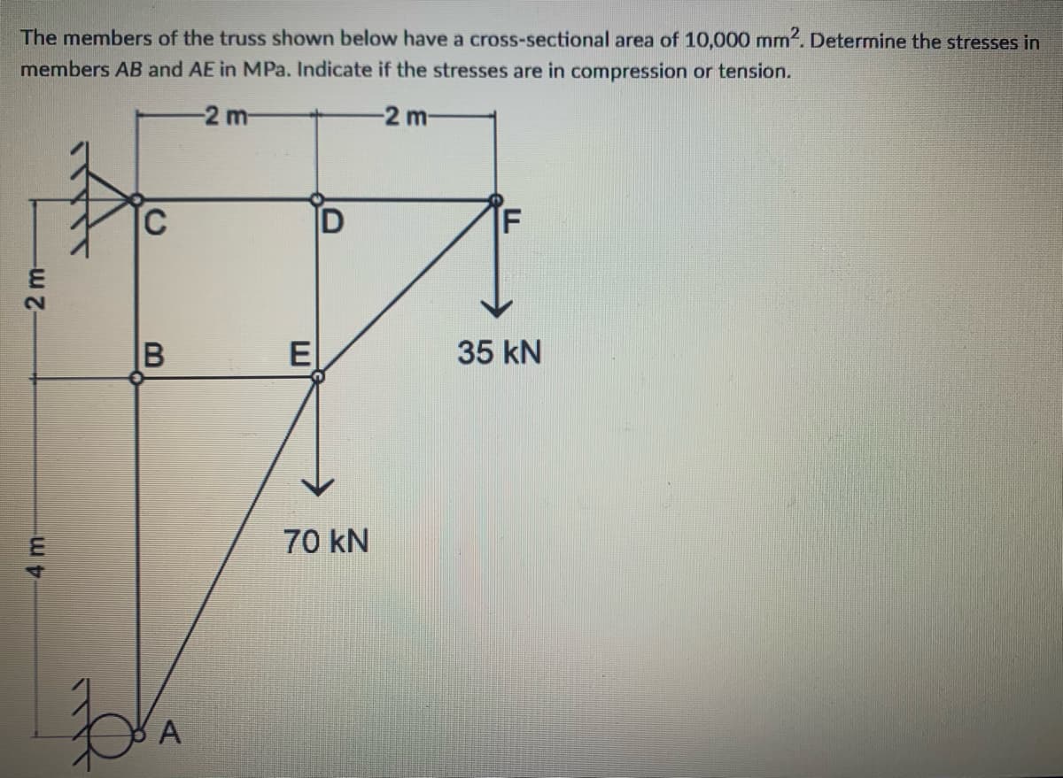 The members of the truss shown below have a cross-sectional area of 10,000 mm2. Determine the stresses in
members AB and AE in MPa. Indicate if the stresses are in compression or tension.
-2 m
-2 m
C
F
E
35 kN
70 kN
A
-2 m-
B.
