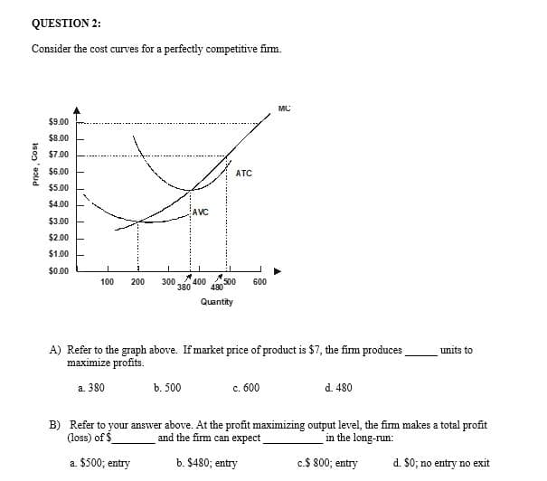 QUESTION 2:
Consider the cost curves for a perfectly competitive firm.
MC
$9.00
$8.00
$7.00
$6.00
ATC
$5.00
$4.00
AVC
$3.00
$2.00
$1.00
$0.00
100
200
300
400
380
480
500
600
Quantity
A) Refer to the graph above. If market price of product is $7, the fim produces
maximize profits.
units to
a. 380
b. 500
с. 600
d. 480
B) Refer to your answer above. At the profit maximizing output level, the firm makes a total profit
(loss) of $
in the long-run:
and the firm can expect
a. $500; entry
b. $480; entry
c.$ 800; entry
d. $0; no entry no exit
Price, Cost
