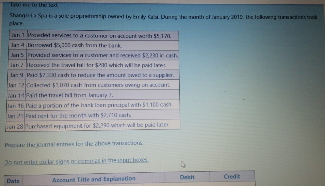 Take me to the text
Shangri-La Spa is a sole proprietorship owned by Emily Kalsi. During the month of January 2019, the following transactions took
place.
Jan 1 Provided services to a customer on account worth $5,170.
Jan 4 Borrowed $5,000 cash from the bank.
Jan 5 Provided services to a customer and received $2,230 in cash.
Jan 7 Received the travel bill for $280 which will be paid later.
Jan 9 Paid $7,330 cash to reduce the amount owed to a supplier.
Jan 12 Collected $1,070 cash from customers owing on account.
Jan 14 Paid the travel bill from January 7.
Jan 16 Paid a portion of the bank loan principal with $1,100 cash.
Jan 21 Paid rent for the month with $2,710 cash.
Jan 28 Purchased equipment for $2,290 which will be paid later.
Prepare the journal entries for the above transactions.
Do not enter dollar signs or commas in the input boxes.
Date
Account Title and Explanation
4
Debit
Credit