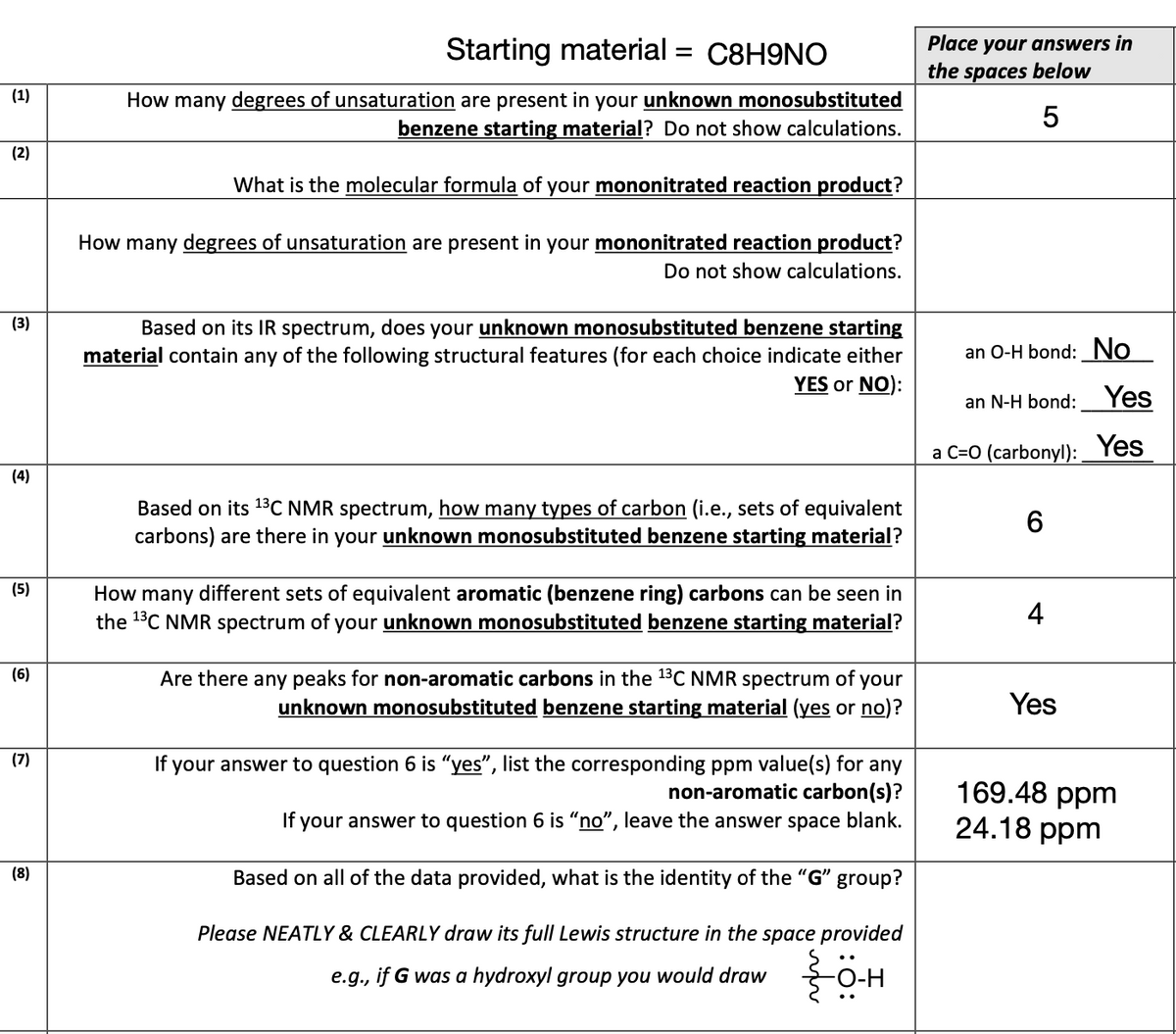 (1)
(2)
(3)
(4)
(5)
(6)
(7)
(8)
Starting material :
= C8H9NO
How many degrees of unsaturation are present in your unknown monosubstituted
benzene starting material? Do not show calculations.
What is the molecular formula of your mononitrated reaction product?
How many degrees of unsaturation are present in your mononitrated reaction product?
Do not show calculations.
Based on its IR spectrum, does your unknown monosubstituted benzene starting
material contain any of the following structural features (for each choice indicate either
YES or NO):
Based on its ¹³C NMR spectrum, how many types of carbon (i.e., sets of equivalent
carbons) are there in your unknown monosubstituted benzene starting material?
How many different sets of equivalent aromatic (benzene ring) carbons can be seen in
the ¹³C NMR spectrum of your unknown monosubstituted benzene starting material?
Are there any peaks for non-aromatic carbons in the ¹³C NMR spectrum of your
unknown monosubstituted benzene starting material (yes or no)?
If your answer to question 6 is "yes", list the corresponding ppm value(s) for any
non-aromatic carbon(s)?
If your answer to question 6 is "no", leave the answer space blank.
Based on all of the data provided, what is the identity of the "G" group?
Please NEATLY & CLEARLY draw its full Lewis structure in the space provided
e.g., if G was a hydroxyl group you would draw-H
Place your answers in
the spaces below
5
an O-H bond: No
an N-H bond: Yes
a C=O (carbonyl): Yes
6
4
Yes
169.48 ppm
24.18 ppm