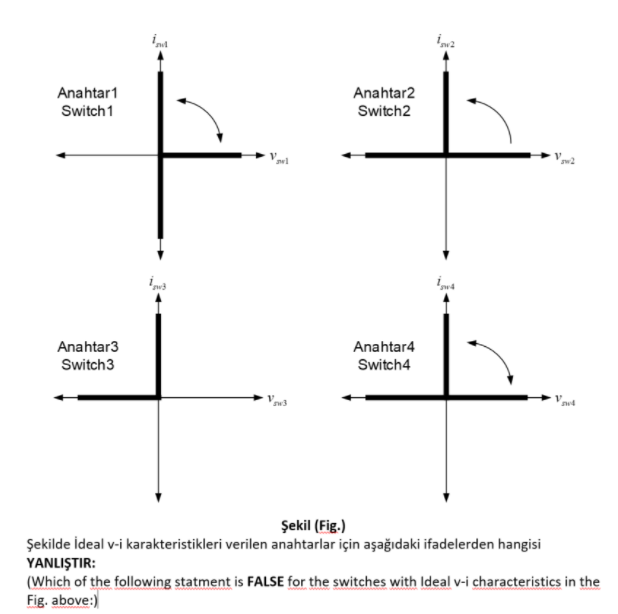 Anahtar1
Anahtar2
Switch 1
Switch2
Anahtar3
Anahtar4
Switch3
Switch4
Şekil (Fig.)
Şekilde ideal v-i karakteristikleri verilen anahtarlar için aşağıdaki ifadelerden hangisi
YANLIŞTIR:
(Which of the following statment is FALSE for the switches with Ideal v-i characteristics in the
Fig. above:)
