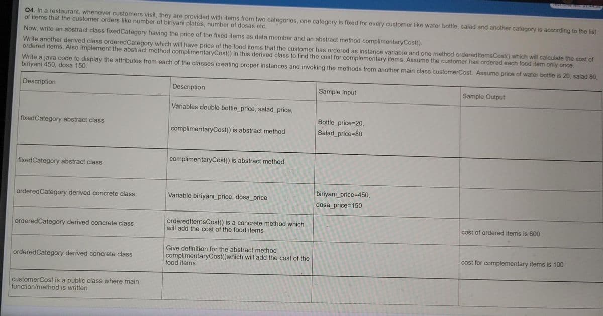 Q4. In a restaurant, whenever customers visit, they are provided with items from two categories, one category is fixed for every customer like water bottle, salad and another category is according to the list
of items that the customer orders like number of biriyani plates, number of dosas etc.
Now, write an abstract class fixed Category having the price of the fixed items as data member and an abstract method complimentaryCost().
Write another derived class ordered Category which will have price of the food items that the customer has ordered as instance variable and one method ordered itemsCost() which will calculate the cost of
ordered items. Also implement the abstract method complimentaryCost() in this derived class to find the cost for complementary items. Assume the customer has ordered each food item only once.
Write a java code to display the attributes from each of the classes creating proper instances and invoking the methods from another main class customerCost. Assume price of water bottle is 20, salad 80,
biriyani 450, dosa 150.
Description
fixed Category abstract class
fixed Category abstract class
ordered Category derived concrete class
ordered Category derived concrete class
ordered Category derived concrete class
customer Cost is a public class where main
function/method is written
Description
Variables double bottle_price, salad_price,
complimentaryCost() is abstract method
complimentaryCost() is abstract method
Variable biriyani_price, dosa_price
ordered Items Cost() is a concrete method which
will add the cost of the food items
Give definition for the abstract method
complimentaryCost()which will add the cost of the
food items
Sample Input
Bottle_price=20,
Salad_price-80
biriyani_price=450,
dosa_price=150
Sample Output
cost of ordered items is 600
cost for complementary items is 100