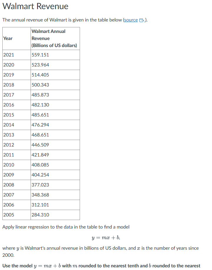 Walmart Revenue
The annual revenue of Walmart is given in the table below (source ).
Walmart Annual
Revenue
(Billions of US dollars)
559.151
Year
2021
2020
2019
2018
2017
2016
2015
2014
2013
2012
2011
2010
2009
2008
2007
2006
2005
523.964
514.405
500.343
485.873
482.130
485.651
476.294
468.651
446.509
421.849
408.085
404.254
377.023
348.368
312.101
284.310
Apply linear regression to the data in the table to find a model
y = mx + b,
where y is Walmart's annual revenue in billions of US dollars, and a is the number of years since
2000.
Use the model y = mx + b with m rounded to the nearest tenth and 6 rounded to the nearest