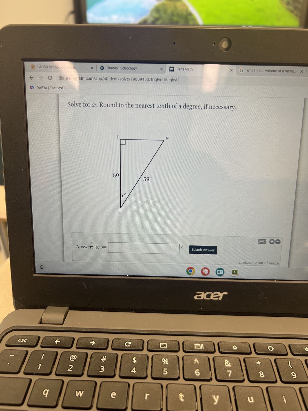 ### Solving for \( x \) in a Right Triangle

In this exercise, you are given a right triangle and asked to solve for the angle \( x \). 

#### Instructions:
Solve for \( x \). Round to the nearest tenth of a degree, if necessary. 

#### Given Diagram:
The triangle is labeled as follows:
- \( \angle I \) is the right angle.
- Side \( IH \) is the hypotenuse and measures 59 units.
- Side \( GI \) measures 50 units.
- \( \angle GIH \) is given as \( x^\circ \).

\( x \) is the unknown angle we need to solve for.

#### Solution Explanation:
To find \( x \), we can use trigonometric ratios. Here, we have the length of the side adjacent to \( x \) (which is 50) and the hypotenuse (which is 59).

We can use the cosine function, which is defined as:
\[ \cos(x) = \frac{\text{adjacent}}{\text{hypotenuse}} \]

Substitute the given values:
\[ \cos(x) = \frac{50}{59} \]

To find \( x \), take the arccosine (inverse cosine) of both sides:
\[ x = \cos^{-1}\left(\frac{50}{59}\right) \]

Use a calculator to find the value:
\[ x \approx 32.2^\circ \]

#### Final Answer:
\[ x = 32.2^\circ \]

Enter your answer in the provided answer box labeled "Answer: \( x = \)". Then, click "Submit Answer" to check your solution.

#### Additional Notes:
You may use a scientific calculator to compute the arccosine value. If necessary, refer to materials on trigonometric functions and their inverses for deeper understanding.