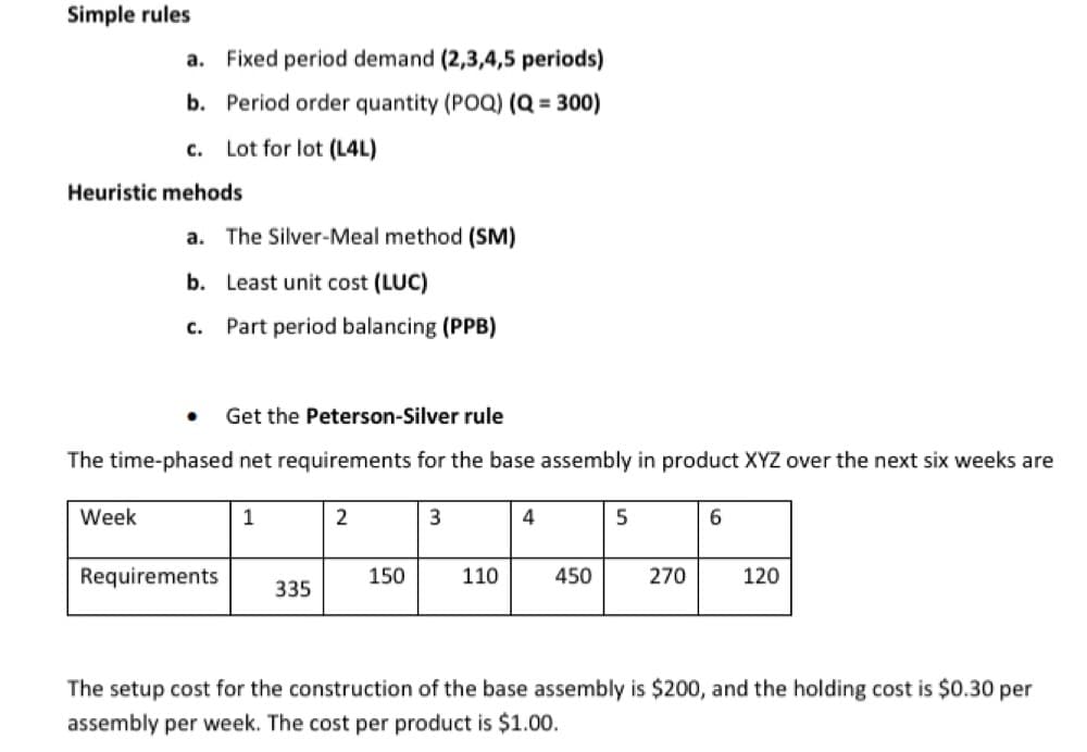 Simple rules
a. Fixed period demand (2,3,4,5 periods)
b. Period order quantity (POQ) (Q = 300)
c. Lot for lot (L4L)
Heuristic mehods
a. The Silver-Meal method (SM)
b. Least unit cost (LUC)
c. Part period balancing (PPB)
Get the Peterson-Silver rule
The time-phased net requirements for the base assembly in product XYZ over the next six weeks are
Week
1
5
Requirements
150
110
450
270
120
335
The setup cost for the construction of the base assembly is $200, and the holding cost is $0.30 per
assembly per week. The cost per product is $1.00.
