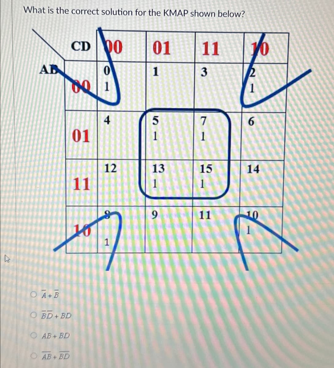 K
What is the correct solution for the KMAP shown below?
AB
OA+B
OBD+BD
OAB+BD
CD 00
0
80|1
AB+BD
01
11
4
12
H
01
1
51
5
13
1
9
11
3
7
1
15
11
10
6
14