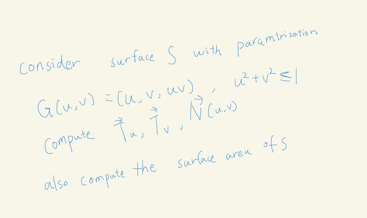 consider
Glu,v)
= cuo v, uv)
しtvs
Compute Tus Tv
ofs
also Compute the surlace areu
