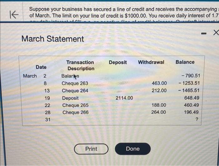 K
Suppose your business has secured a line of credit and receives the accompanying
of March. The limit on your line of credit is $1000.00. You receive daily interest of 1.7
COL
dill belones Quen
imbenget
March Statement
Date
March 2
8
13
19
22
28
31
Transaction
Description
Balare
Cheque 263
Cheque 264
Deposit
Cheque 265
Cheque 266
Print
Deposit
2114.00
Withdrawal
Done
463.00
212.00
188.00
264.00
Balance
- 790.51
- 1253.51
- 1465.51
648.49
460.49
196.49
?
-
x