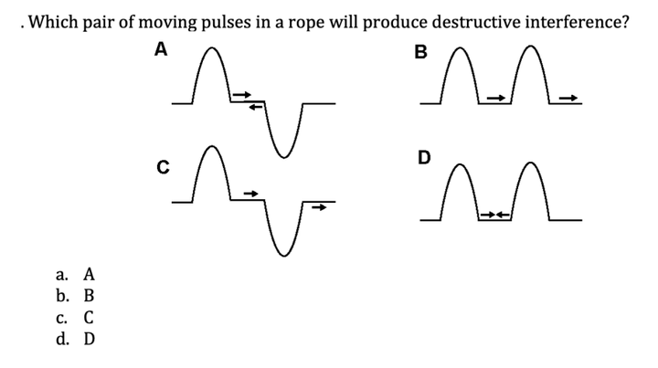 Which pair of moving pulses in a rope will produce destructive interference?
A
B
^
My note
My m
a. A
b. B
C. C
d. D
C