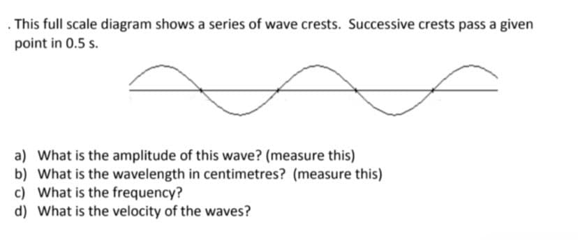 . This full scale diagram shows a series of wave crests. Successive crests pass a given
point in 0.5 s.
a) What is the amplitude of this wave? (measure this)
b) What is the wavelength in centimetres? (measure this)
c) What is the frequency?
d) What is the velocity of the waves?