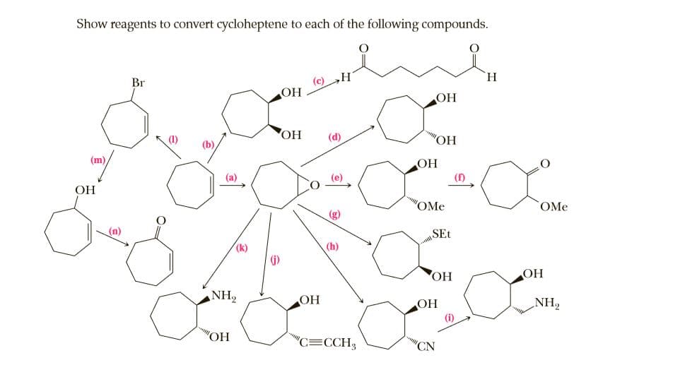 Show reagents to convert cycloheptene to each of the following compounds.
Br
(c)
,H
H.
OH
(1)
OH
(d)
"OH
(b),
(m)
ОН
(f)
(a)
(e)
OH
"OMe
OMe
(g)
(n)
SEt
(k)
(h)
O,
OH
NH,
ОН
OH
NH,
(i)
"ОН
"C=CCH3
"CN
