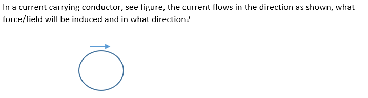 In a current carrying conductor, see figure, the current flows in the direction as shown, what
force/field will be induced and in what direction?
