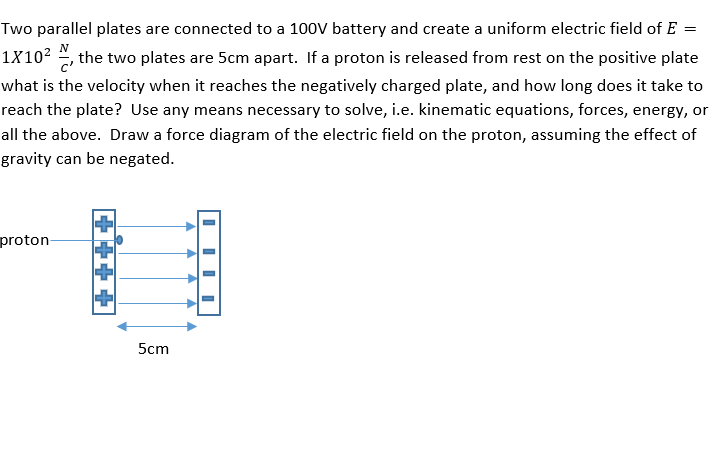 Two parallel plates are connected to a 100V battery and create a uniform electric field of E
1X10² ", the two plates are 5cm apart. If a proton is released from rest on the positive plate
what is the velocity when it reaches the negatively charged plate, and how long does it take to
reach the plate? Use any means necessary to solve, i.e. kinematic equations, forces, energy, or
all the above. Draw a force diagram of the electric field on the proton, assuming the effect of
gravity can be negated.
proton-
5cm
++++
