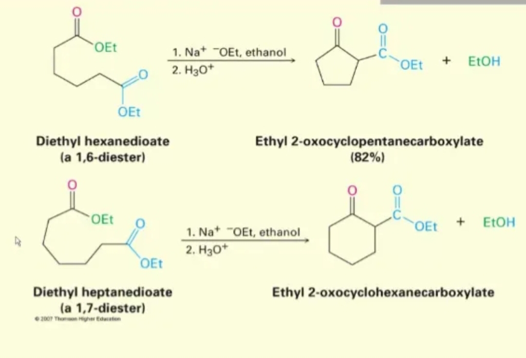 OEt
OEt
Diethyl hexanedioate
(a 1,6-diester)
OEt
OEt
2007 Thomson Higher Education
1. Na OEt, ethanol
2. H3O+
Diethyl heptanedioate
(a 1,7-diester)
910
1. Na "OEt, ethanol
2. H3O+
+
OEt
Ethyl 2-oxocyclopentanecarboxylate
(82%)
EtOH
She
OEt +
EtOH
Ethyl 2-oxocyclohexanecarboxylate