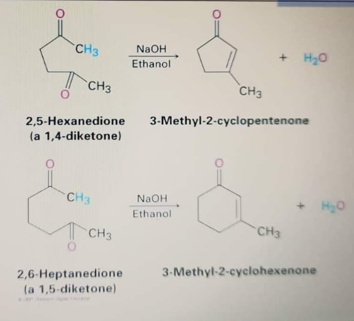 O
CH3
CH3
CH3
CH3
NaOH
Ethanol
2,5-Hexanedione 3-Methyl-2-cyclopentenone
(a 1,4-diketone)
2,6-Heptanedione
(a 1,5-diketone)
CH3
NaOH
Ethanol
+ H₂O
CH3
3-Methyl-2-cyclohexenone
H₂O