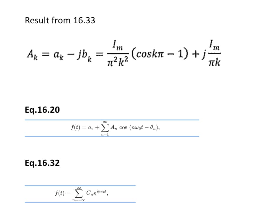 Result from 16.33
Ak = ak - jb₂
Eq.16.20
Eq.16.32
f(t) = Σ Cheinwit
n=-∞
m
· (coskí − 1) + j
π²k²
f(t) = av +An cos (nwot - On),
n=1
7
Im
剛
πk