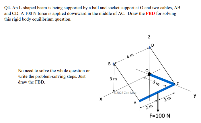 Q4. An L-shaped beam is being supported by a ball and socket support at O and two cables, AB
and CD. A 100 N force is applied downward in the middle of AC. Draw the FBD for solving
this rigid body equilibrium question.
No need to solve the whole question or
write the problem-solving steps. Just
draw the FBD.
X
3
3 m
4 m
Ⓒ2023 Zoe Map
A
Z
D
2 m
3 m
2m
F=100 N
C
y