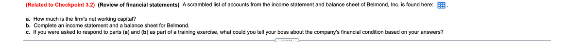 (Related to Checkpoint 3.2) (Review of financial statements) A scrambled list of accounts from the income statement and balance sheet of Belmond, Inc. is found here: E
a. How much is the firm's net working capital?
b. Complete an income statement and a balance sheet for Belmond.
c. If you were asked to respond to parts (a) and (b) as part of a training exercise, what could you tell your boss about the company's financial condition based on your answers?
