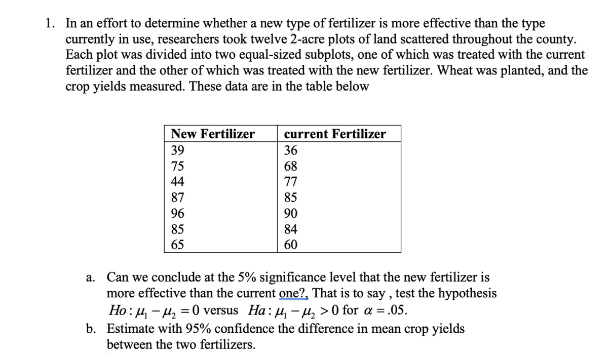 1. In an effort to determine whether a new type of fertilizer is more effective than the type
currently in use, researchers took twelve 2-acre plots of land scattered throughout the county.
Each plot was divided into two equal-sized subplots, one of which was treated with the current
fertilizer and the other of which was treated with the new fertilizer. Wheat was planted, and the
crop yields measured. These data are in the table below
New Fertilizer
current Fertilizer
39
36
75
68
44
77
87
85
96
90
85
84
65
60
a. Can we conclude at the 5% significance level that the new fertilizer is
more effective than the current one?, That is to say , test the hypothesis
Но: и — и, — 0 versus Ha: д — и, >0 for a %3D.05.
b. Estimate with 95% confidence the difference in mean crop yields
between the two fertilizers.
