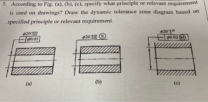 5. According to Fig. (a), (b), (c), specify what principle or relevant requirement
is used on drawings? Draw the dynamic tolerance zone diagram based on
specified principle or relevant requirement.
+0.03
$20'gas
00.02 (M)
|40.01
$20:8 E
+0.0
0.01
(a)
(b)
(c)
