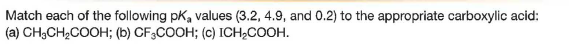 Match each of the following pk, values (3.2, 4.9, and 0.2) to the appropriate carboxylic acid:
(a) CH;CH,COOH; (b) CF3COOH; (c) ICH;COOH.
