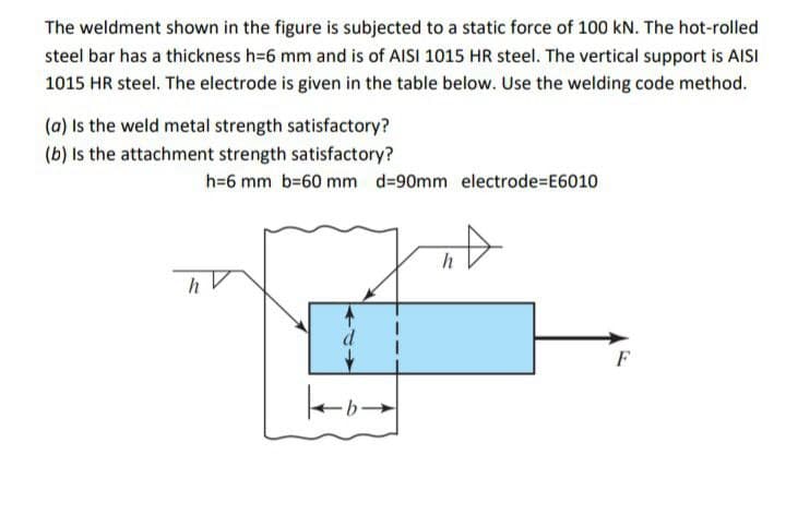 The weldment shown in the figure is subjected to a static force of 100 kN. The hot-rolled
steel bar has a thickness h=6 mm and is of AISI 1015 HR steel. The vertical support is AISI
1015 HR steel. The electrode is given in the table below. Use the welding code method.
(a) is the weld metal strength satisfactory?
(b) Is the attachment strength satisfactory?
h
h=6 mm b=60 mm d=90mm electrode=E6010
|-b-
h
F