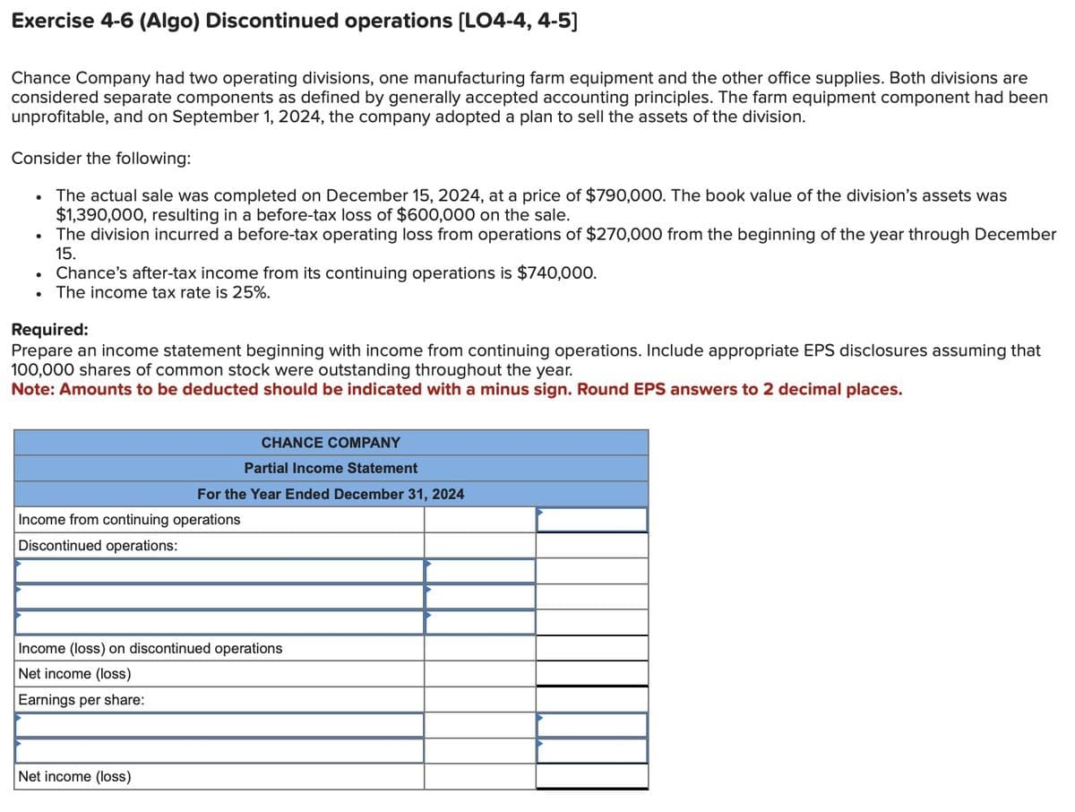 Exercise 4-6 (Algo) Discontinued operations [LO4-4, 4-5]
Chance Company had two operating divisions, one manufacturing farm equipment and the other office supplies. Both divisions are
considered separate components as defined by generally accepted accounting principles. The farm equipment component had been
unprofitable, and on September 1, 2024, the company adopted a plan to sell the assets of the division.
Consider the following:
The actual sale was completed on December 15, 2024, at a price of $790,000. The book value of the division's assets was
$1,390,000, resulting in a before-tax loss of $600,000 on the sale.
The division incurred a before-tax operating loss from operations of $270,000 from the beginning of the year through December
15.
●
●
Chance's after-tax income from its continuing operations is $740,000.
The income tax rate is 25%.
Required:
Prepare an income statement beginning with income from continuing operations. Include appropriate EPS disclosures assuming that
100,000 shares of common stock were outstanding throughout the year.
Note: Amounts to be deducted should be indicated with a minus sign. Round EPS answers to 2 decimal places.
CHANCE COMPANY
Partial Income Statement
For the Year Ended December 31, 2024
Income from continuing operations
Discontinued operations:
Income (loss) on discontinued operations
Net income (loss)
Earnings per share:
Net income (loss)