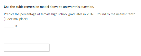 Use the cubic regression model above to answer this question.
Predict the percentage of female high school graduates in 2016. Round to the nearest tenth
(1 decimal place).
%