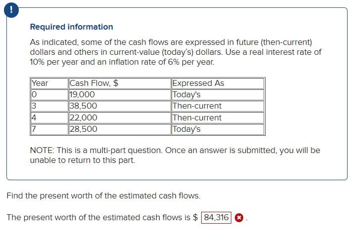 Required information
As indicated, some of the cash flows are expressed in future (then-current)
dollars and others in current-value (today's) dollars. Use a real interest rate of
10% per year and an inflation rate of 6% per year.
Expressed As
Today's
Then-current
Then-current
Today's
Year
Cash Flow, $
19,000
38,500
22,000
28,500
3
7
NOTE: This is a multi-part question. Once an answer is submitted, you will be
unable to return to this part.
Find the present worth of the estimated cash flows.
The present worth of the estimated cash flows is $84,316
