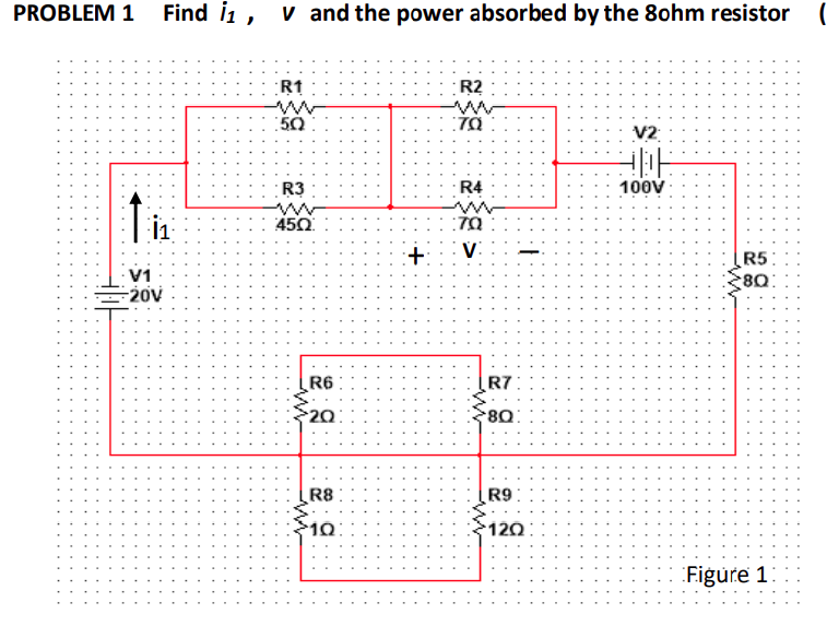 PROBLEM 1
Find i1, v and the power absorbed by the 8ohm resistor
R1
R2
50
V2
R3
R4
100V
45Ω
:+:
V:
R5
V1
20V
R6
R7
20
80
R8
R9 :
10
120
Figure 1:
