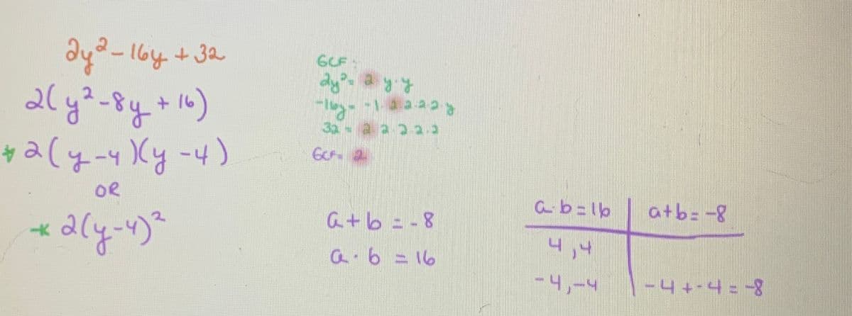 дуд-16у + 32
(1+ћ8-свје
на (у-ч Ху-4)
бе
* 2 (y-u)2
GCF
R.Re - Re
-by--1-da.3.2.2.
32 - а. a aa a
CCF
a+b=-8
a. b = 16
ab=lb
ч, ч
-Ч, -ч
a+b=-8
- 4 +-4 - -8