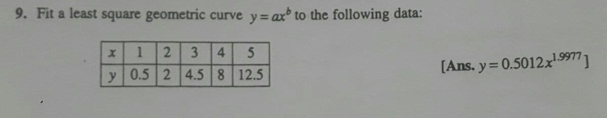 9. Fit a least square geometric curve y= ax to the following data:
2 3
4.
5
y 0.5 2 4.5 8 12.5
[Ans. y= 0.5012x1.99771
1.
