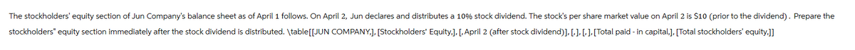 The stockholders' equity section of Jun Company's balance sheet as of April 1 follows. On April 2, Jun declares and distributes a 10% stock dividend. The stock's per share market value on April 2 is $10 (prior to the dividend). Prepare the
stockholders" equity section immediately after the stock dividend is distributed. \table[[JUN COMPANY,], [Stockholders' Equity,], [,April 2 (after stock dividend)], [,], [, ], [Total paid - in capital,], [Total stockholders' equity,]]