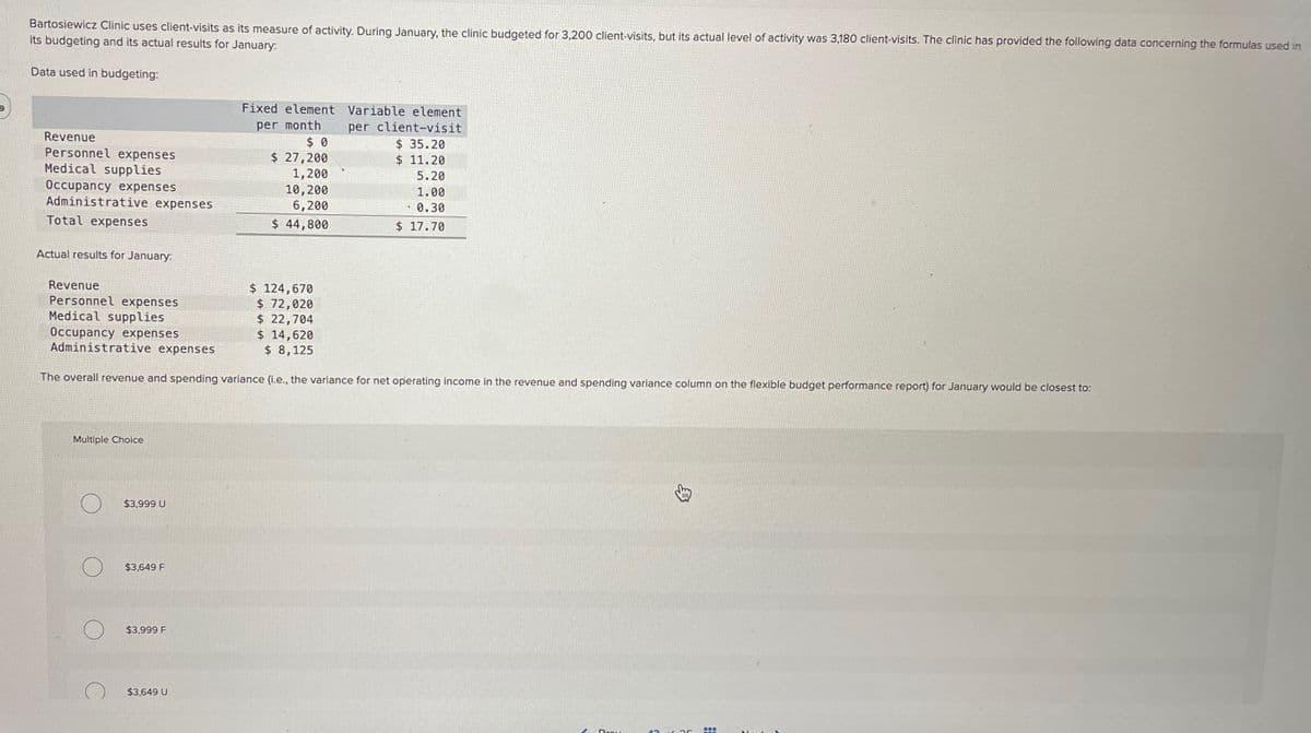 9
Bartosiewicz Clinic uses client-visits as its measure of activity. During January, the clinic budgeted for 3,200 client-visits, but its actual level of activity was 3,180 client-visits. The clinic has provided the following data concerning the formulas used in
its budgeting and its actual results for January:
Data used in budgeting:
Revenue
Personnel expenses
Medical supplies
Occupancy expenses
Administrative expenses
Total expenses
Actual results for January:
Revenue
Personnel expenses
Medical supplies
Occupancy expenses
Administrative expenses
Fixed element
per month
$ 0
$ 27,200
1,200
10,200
Variable element
per client-visit
$ 35.20
$ 11.20
5.20
1.00
· 0.30
6,200
$ 44,800
$ 17.70
$ 124,670
$ 72,020
$ 22,704
$ 14,620
$ 8,125
The overall revenue and spending variance (i.e., the variance for net operating income in the revenue and spending variance column on the flexible budget performance report) for January would be closest to:
Multiple Choice
$3,999 U
$3,649 F
$3,999 F
$3,649 U