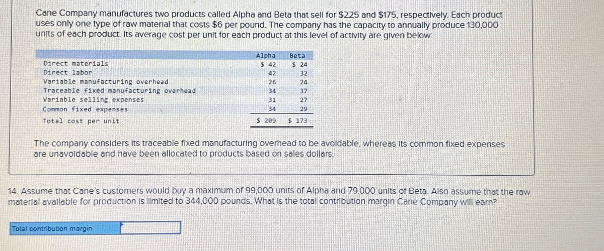 Cane Company manufactures two products called Alpha and Beta that sell for $225 and $175, respectively. Each product
uses only one type of raw material that costs $6 per pound. The company has the capacity to annually produce 130,000
units of each product. Its average cost per unit for each product at this level of activity are given below:
Direct materials
Direct labor
Variable manufacturing overhead
Traceable fixed manufacturing overhead
Variable selling expenses
Common fixed expenses
Total cost per unit
Alpha
Beta
$ 42
$ 24
42
32
26
24
34
37
31
27
34
29
$ 209
$ 173
The company considers its traceable fixed manufacturing overhead to be avoidable, whereas its common fixed expenses
are unavoidable and have been allocated to products based on sales dollars.
14. Assume that Cane's customers would buy a maximum of 99,000 units of Alpha and 79,000 units of Beta. Also assume that the raw
material available for production is limited to 344,000 pounds. What is the total contribution margin Cane Company will earn?
Total contribution margin