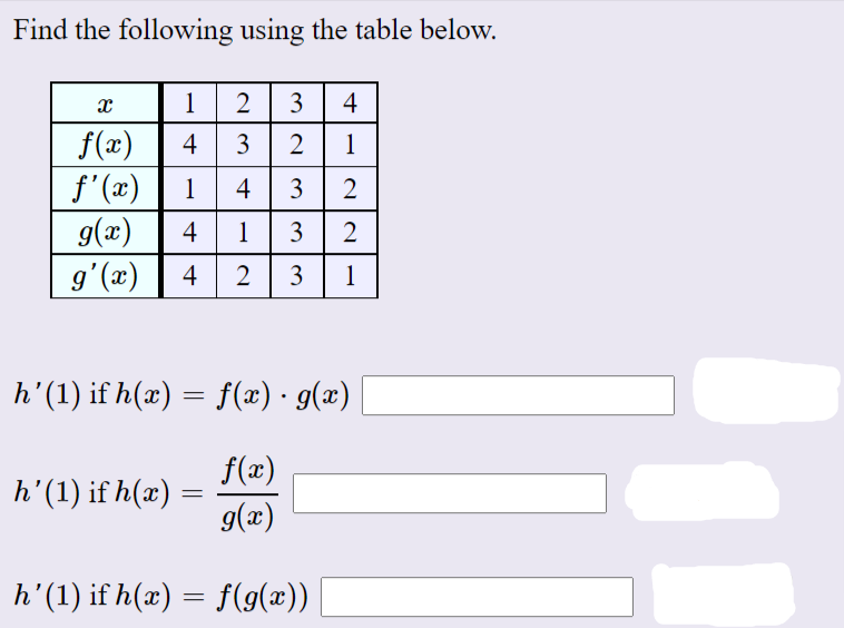 Find the following using the table below.
1
2
3
4
f(æ)
f'(x)
4
3
1
1
4
3
g(x)
4
1
4
3
1
(x),6
h'(1) if h(x) = f(æ) · g(x)
f(x)
h'(1) if h(x) =
g(æ)
h'(1) if h(x) = f(9(æ))
3.
