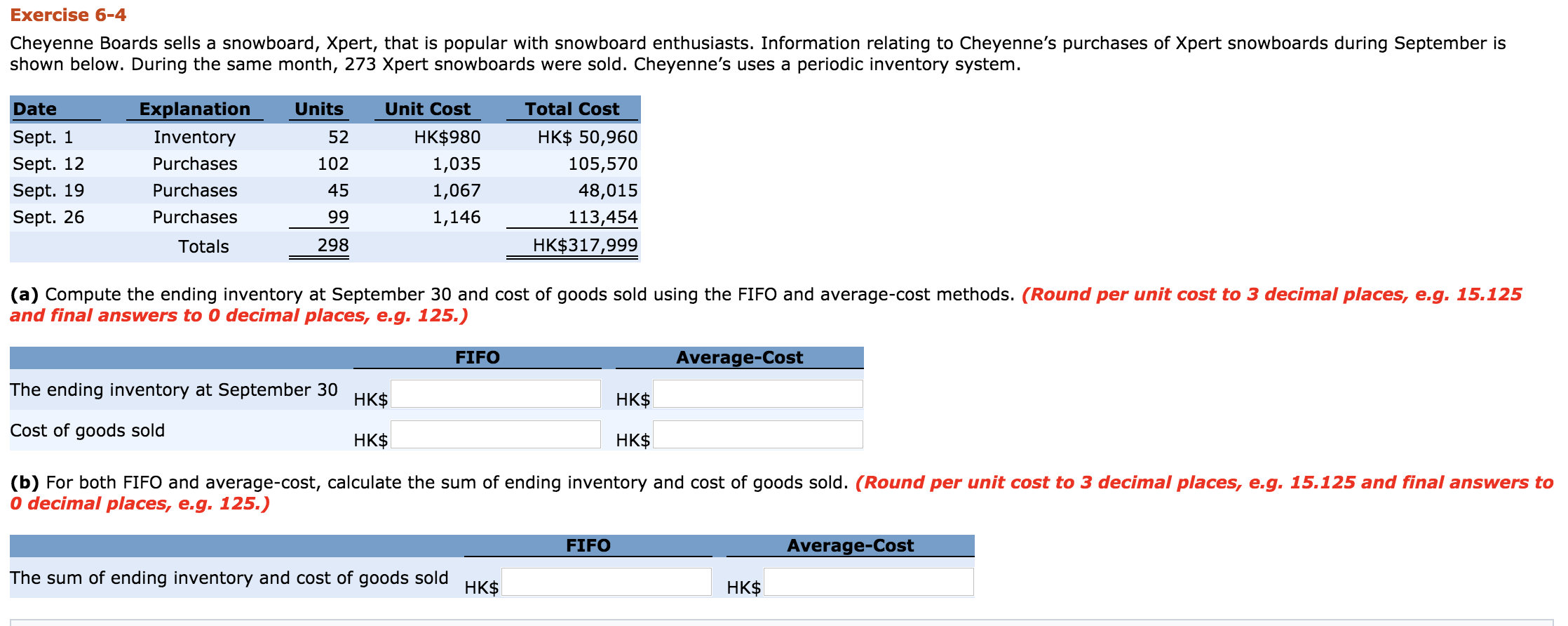 Exercise 6-4
Cheyenne Boards sells a snowboard, Xpert, that is popular with snowboard enthusiasts. Information relating to Cheyenne's purchases of Xpert snowboards during September is
shown below. During the same month, 273 Xpert snowboards were sold. Cheyenne's uses a periodic inventory system.
Date
Explanation
Units
Unit Cost
Total Cost
Sept. 1
Sept. 12
Inventory
52
HK$980
HK$ 50,960
Purchases
102
1,035
105,570
Sept. 19
Purchases
45
1,067
48,015
Sept. 26
Purchases
99
1,146
113,454
Totals
298
HK$317,999
(a) Compute the ending inventory at September 30 and cost of goods sold using the FIFO and average-cost methods. (Round per unit cost to 3 decimal places, e.g. 15.125
and final answers to 0 decimal places, e.g. 125.)
FIFO
Average-Cost
The ending inventory at September 30
HK$
HK$
Cost of goods sold
HK$
HK$
(b) For both FIFO and average-cost, calculate the sum of ending inventory and cost of goods sold. (Round per unit cost to 3 decimal places, e.g. 15.125 and final answers to
O decimal places, e.g. 125.)
FIFO
Average-Cost
The sum of ending inventory and cost of goods sold
HK$
HK$
