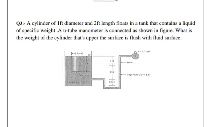 Q3:- A cylinder of lft diameter and 2ft length floats in a tank that contains a liquid
of specific weight .A u-tube manometer is connected as shown in figure. What is
the weight of the cylinder that's upper the surface is flush with fluid surface.
PA-0.1 psi
Water
Cylinder
Gage fluid SG - 1.5
Sp wty
0.5 t
