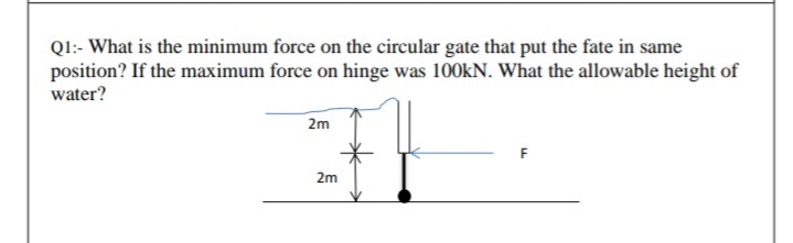 Ql:- What is the minimum force on the circular gate that put the fate in same
position? If the maximum force on hinge was 100KN. What the allowable height of
water?
2m
2m
