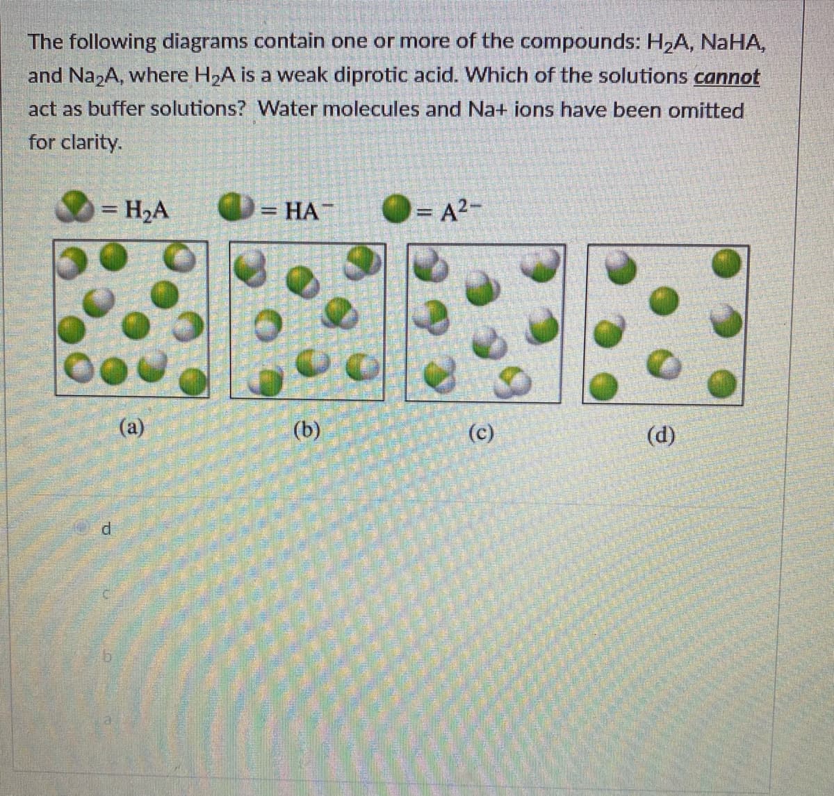 The following diagrams contain one or more of the compounds: H,A, NaHA,
and Na2A, where H2A is a weak diprotic acid. Which of the solutions cannot
act as buffer solutions? Water molecules and Na+ ions have been omitted
for clarity.
= H2A
= HA-
= A2-
%3D
(а)
(b)
(c)
(d)
