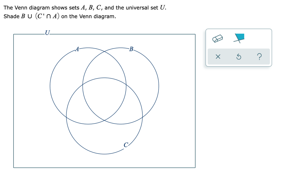 The Venn diagram shows sets A, B, C, and the universal set U.
Shade B U (C'N A) on the Venn diagram.
LU-
A-
B-
