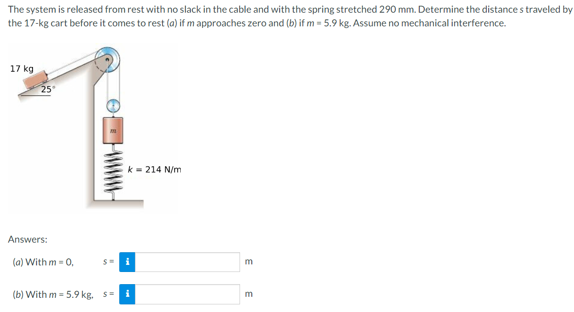 The system is released from rest with no slack in the cable and with the spring stretched 290 mm. Determine the distance s traveled by
the 17-kg cart before it comes to rest (a) if m approaches zero and (b) if m = 5.9 kg. Assume no mechanical interference.
17 kg
25°
m
k = 214 N/m
Answers:
(a) With m = 0,
i
m
(b) With m = 5.9 kg, s=
i
m
