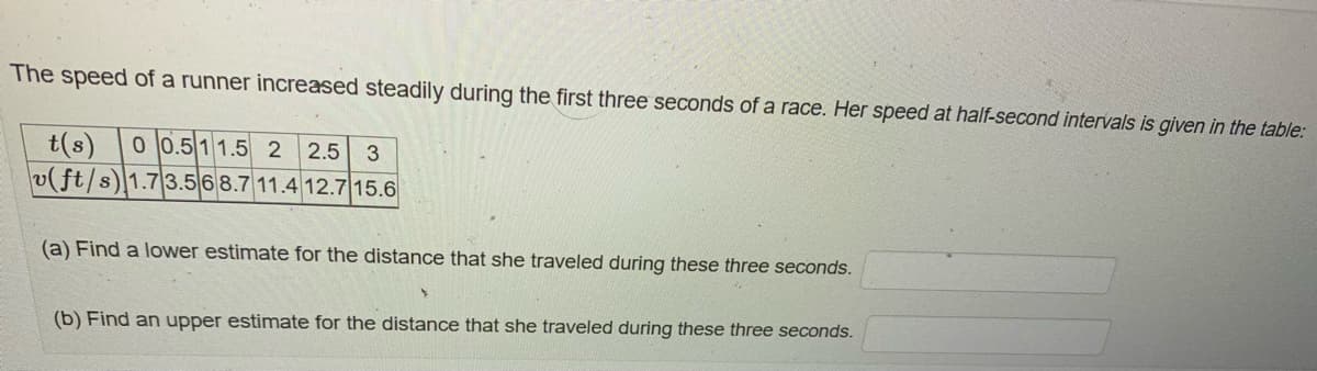 The speed of a runner increased steadily during the first three seconds of a race. Her speed at half-second intervals is given in the table:
t(s) 0 0.5 11.5 2 2.5 3
v(ft/s) 1.73.568.7 11.4 12.7 15.6
(a) Find a lower estimate for the distance that she traveled during these three seconds.
(b) Find an upper estimate for the distance that she traveled during these three seconds.