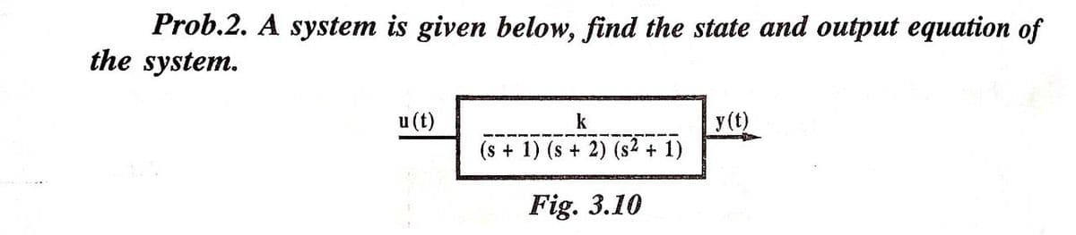 Prob.2. A system is given below, find the state and output equation of
the system.
u (t)
y(t)
(s + 1) (s + 2) (s2 + 1)
k
Fig. 3.10
