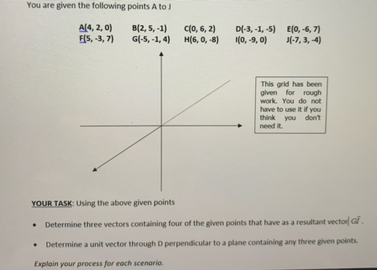 You are given the following points A to J
A(4, 2, 0)
F(5, -3, 7)
E(0, -6, 7)
B(2, 5, -1)
G(-5, -1, 4)
J(-7, 3,-4)
This grid has been
given for rough
work. You do not
have to use it if you
think you don't
need it.
YOUR TASK: Using the above given points
Determine three vectors containing four of the given points that have as a resultant vector GI.
Determine a unit vector through D perpendicular to a plane containing any three given points.
Explain your process for each scenario.
C(0, 6, 2)
H(6, 0, -8)
D(-3,-1,-5)
1(0, -9, 0)