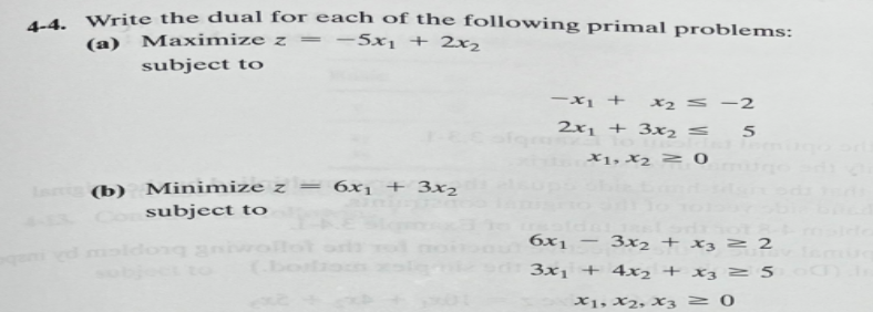 4-4. Write the dual for each of the following primal problems:
=
(a) Maximize z
- 5x₁ + 2x₂
subject to
Laig (b) Minimize z
Consubject to
= 6x1 + 3x2
(borliams x
-x₁ + x₂ = -2
2x₁ + 3x₂ = 5
x1, x₂ = 0
6x1
3x2 + x3 = 2
3x₁ + 4x₂ + x3 = 5 och in
x1, x2, x3 = 0