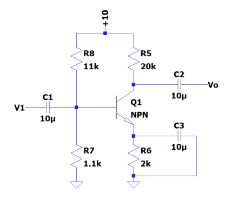 V1-
C1
10μ
RB
11k
• +10
R7
1.1k
R5
20k
Q1
NPN
R6
2k
C2
10μ
C3
101
-Vo