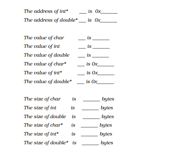 The address of int*
is Ox
The address of double*____ is Ox
The value of char
The value of int
The value of double
The value of char*
The value of int*
The value of double*
The size of char
The size of int
The size of double
is
The size of char*
is
The size of int*
is
The size of double* is
is
is
is
is
is
is Ox
is Ox
is Ox
bytes
bytes
bytes
bytes
bytes
bytes