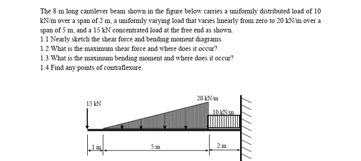 The 8 m long cantilever beam shown in the figure below carries a uniformly distributed load of 10
kN/m over a span of 2 m, a uniformly varying load that varies linearly from zero to 20 kN/m over a
span of 5 m, and a 15 kN concentrated load at the free end as shown.
1.1 Nearly sketch the shear force and bending moment diagrams
1.2 What is the maximum shear force and where does it occur?
1.3 What is the maximum bending moment and where does it occur?
1.4 Find any points of contraflexure.
20 kN/m
15 kN
10 kN/m
1 m
5 m
2 m
